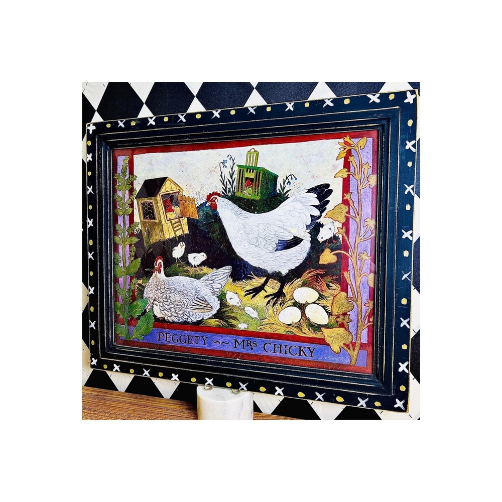 Large Framed English Folk Art Anna Pugh "Peggety and Mrs Chicky" 23" Framed